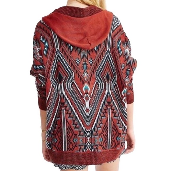 Ecoté Urban Outfitters Relaxed Fit Rust Aztec Hooded Cardigan Sweater Size Small - Picture 2 of 16